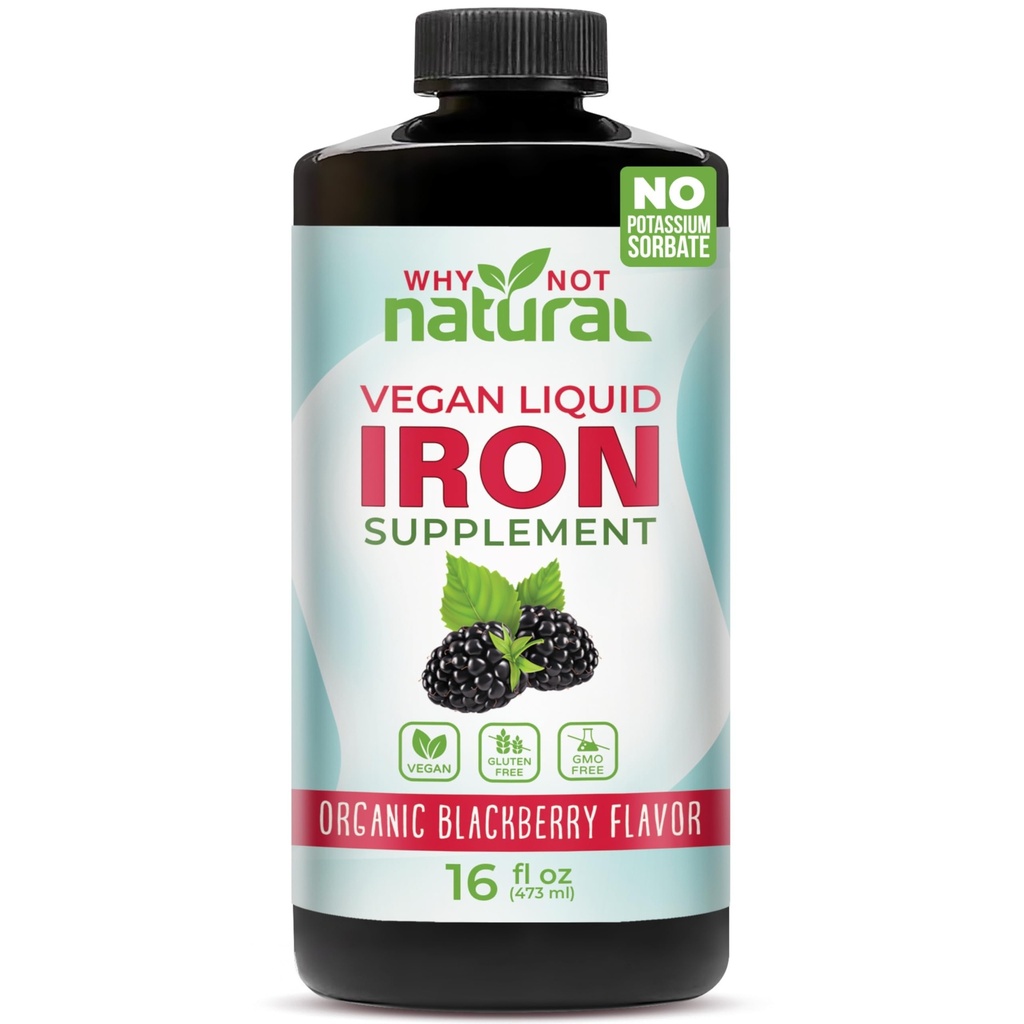 Varför inte naturligt flytande järntillskott för kvinnor, män och barn, Vegan formulering för anemi, socker fri, Vegan, icke-GMO, organisk BlackBerry smak 16 Fl Oz