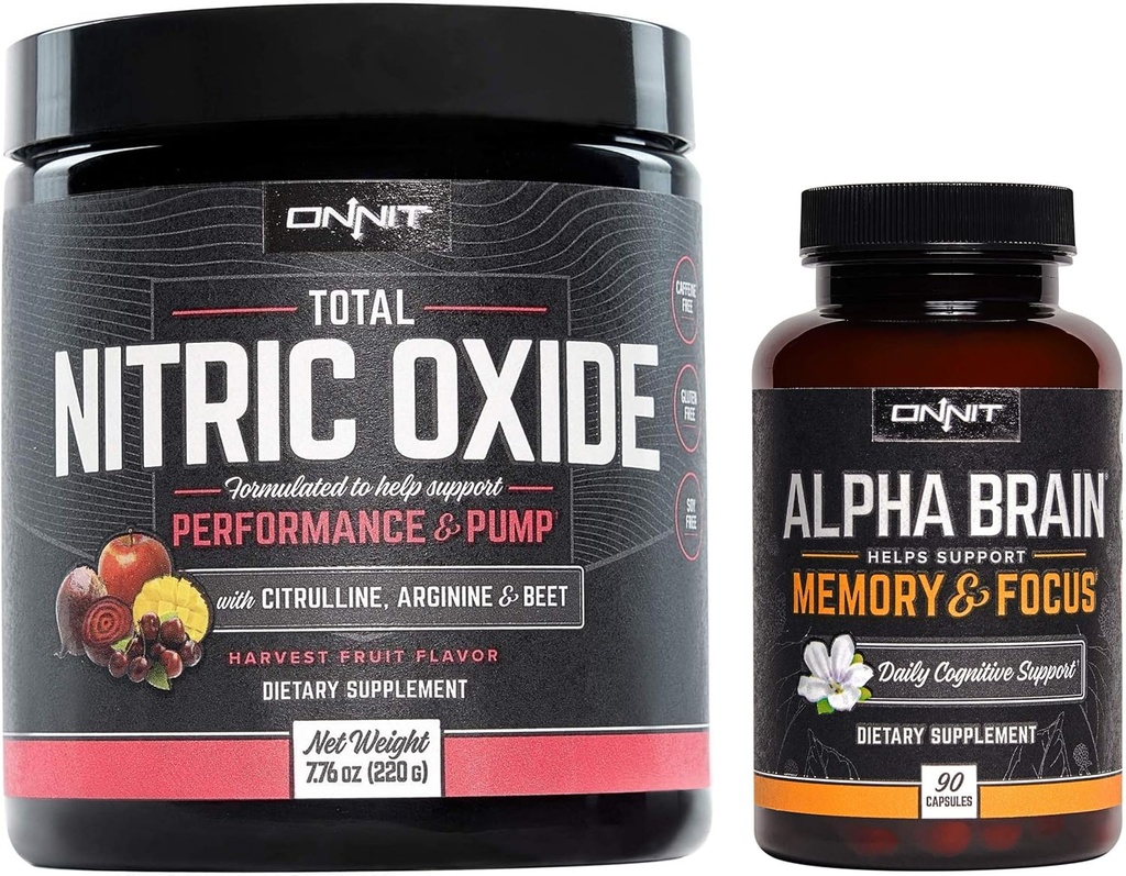 ONNIT Nootropic + Esitreeni pino - Alfa aivot (90ct) + kokonaistyppioksidi (Harvest Fruit)