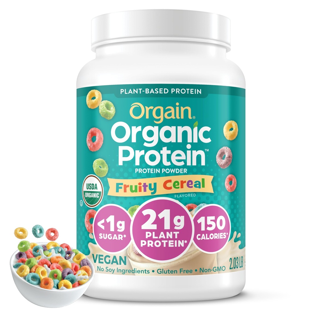 Orgain Organic Vegan Protein Powder, Fruity Cereals - 21g Plant Based Protein, 8g Prebiotic Fiber, Low Net Carb, Ei laktoosia Ainesosat, Ei lisättyä sokeria, ei GMO, Shakes & Smoothies, 2.03 lb