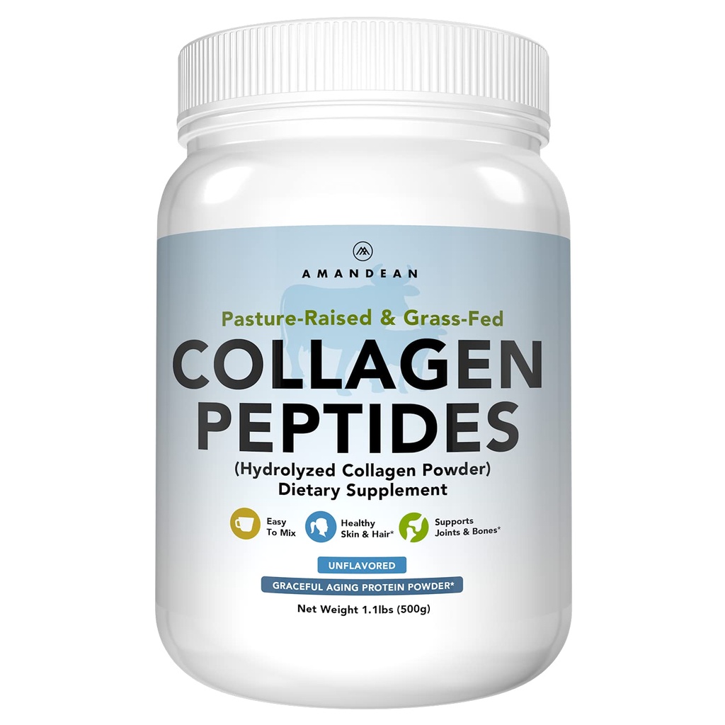 AMANDEAN Collagen Peptides Powder (17,6oz). Ruohorehun hydrolysoitu proteiinilisä. Edistää Terve nivelet, iho, hiukset, kynnet. Makuton ja helppo sekoittaa.