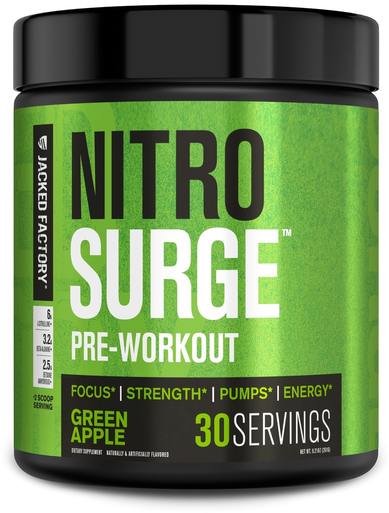 Jacked Factory NITROSURGE Pre workout täydennysosa - Loputon energia, Instant Strength Gains, Clear Focus, Intense Pumput - NO Booster & Powerful Preworkout Energy Powder - 30 tarjoilut, Green Apple