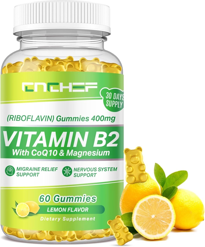 B2-vitamiini Gummies aikuisille ja lapsille - Riboflaviini 400 mg täydennysosa magnesium Glycinate & CoQ10, tuki Migreeni Relief & Hermojärjestelmä, Boost Energy, sokeriton Vegaani B2 Gummies sitruunamaku