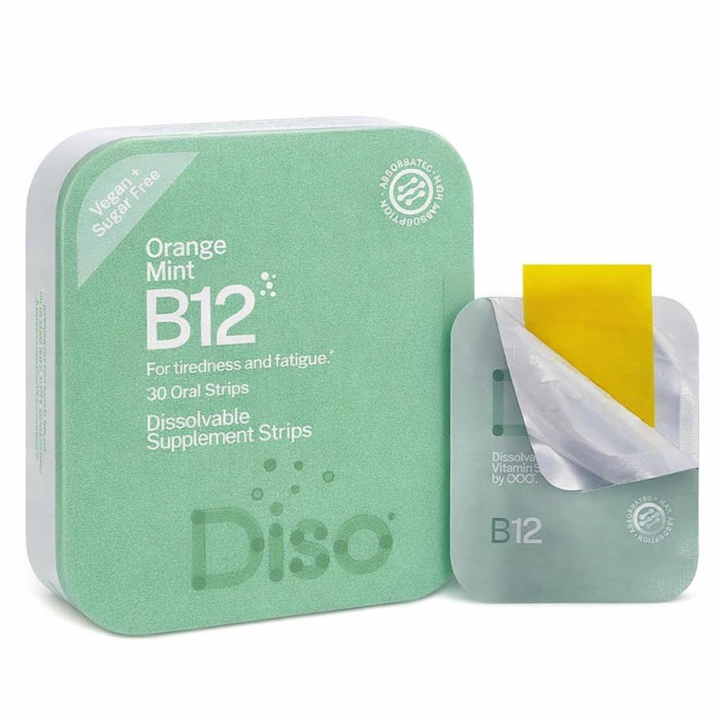 DISO - Vitamin B12 - Fast-Dissolving Oral Strips, för trötthet och trötthet, Orange Mint smak, Vegan, Sugar Free, Maximum Absorption, Gluten Free, Individually Wrapped, 30 Dissolvable Strips