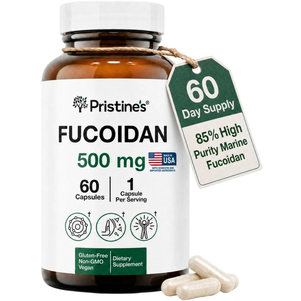 Pristine's Fucoidan 500MG Immuniteetti täydentää kapselit - 60 päivän tarjonta - Ruskea merilevä uute - Potent Herbal Antioxidantti Lung Health & Skin Health Tuki