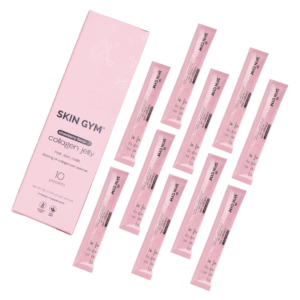 Skin Gym Collagen Jelly 10-pakkaus, merikollageeni, C-vitamiini ja hyaluronihappo, päivittäinen kauneuslisä hiuksille, iholle ja kynsille, mansikkamaku, 10 pakkaus