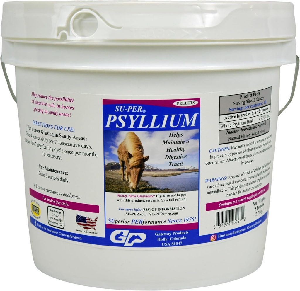 SU-PER Psyllium Pellets Equine Supplement - Ylläpitäjät Terve Ruoansulatuskanavan hevonen - Tukee hiekan ja lian poistamista suoliston Tract - 5 punta, 1 kuukausi toimitus