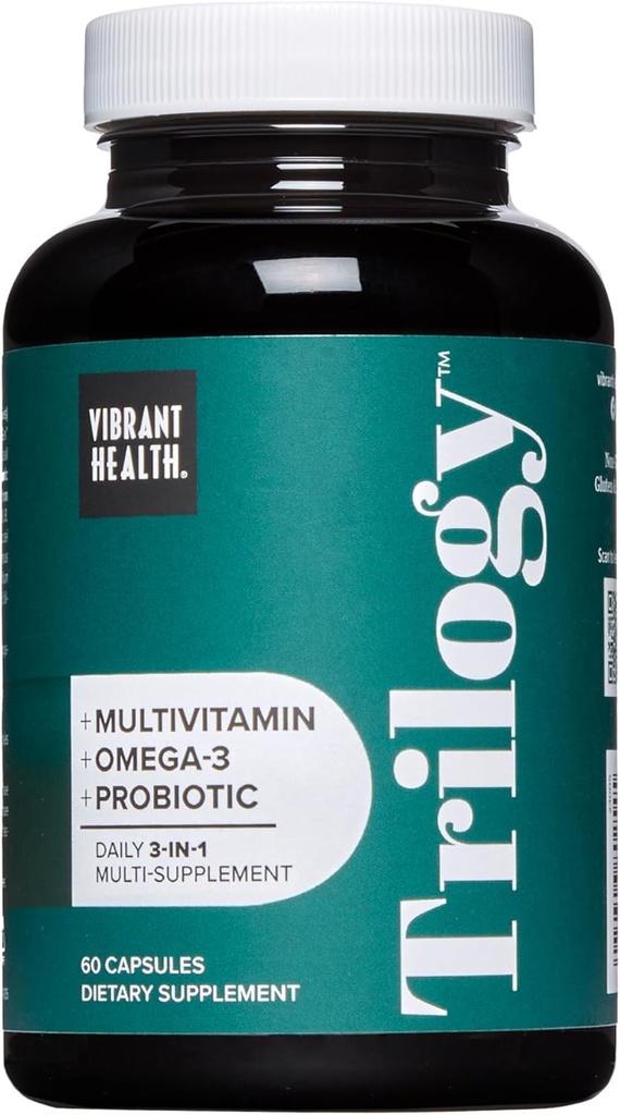 Vibrant Health, Trilogia, probioottinen monivitamiini, jossa on Omega-3, A-, B12-, C-, D3-, E-, Selenium-, Magnesium- ja Sinkkiaine, 30 annosta