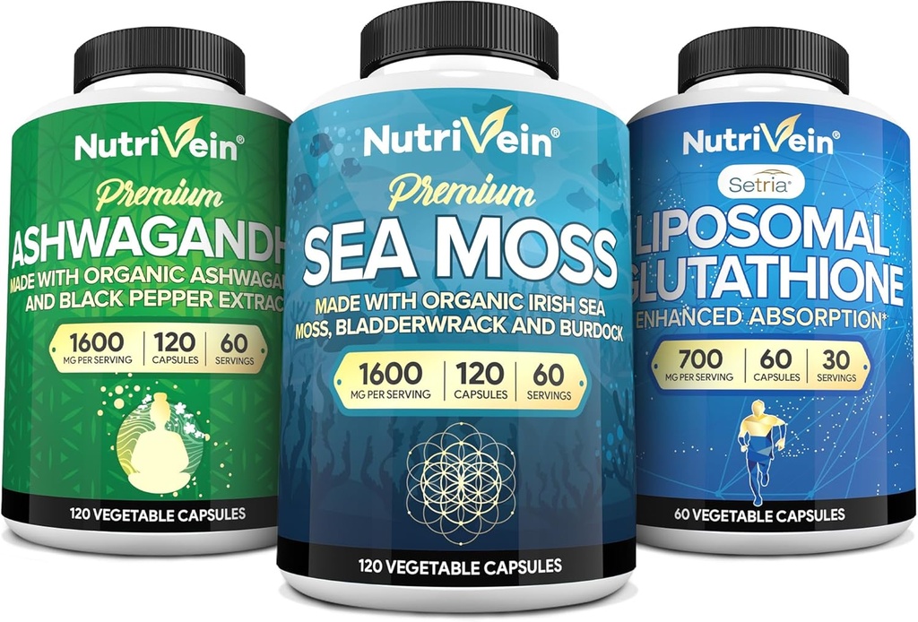 Nutrivein Premium Irish Sea Moss Capsules, Ashwagandha, and Liposomal Glutatione Supplement Bundle: Sea Moss, Alennettu glutationi, & Ashwagandha lisäravinteet immuniteetit, mieliala, digestio, & Detox