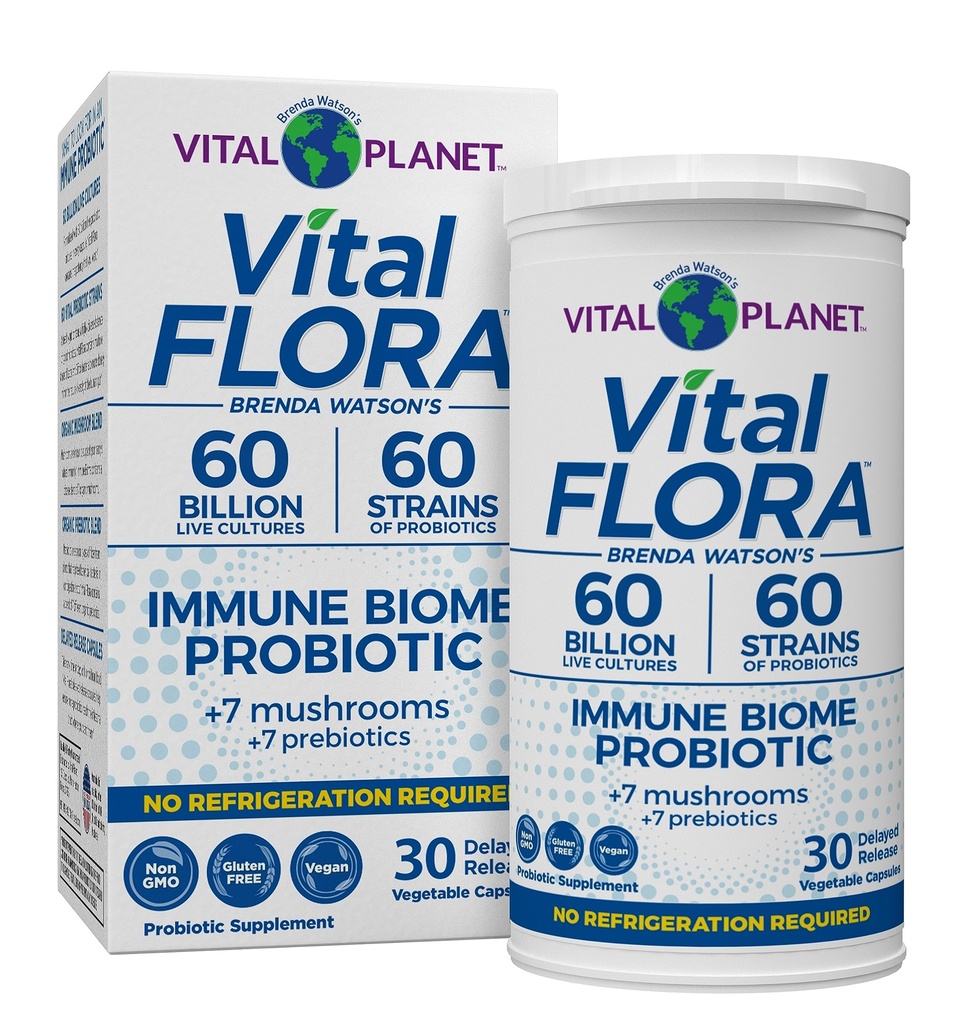 Vital Planet - Vital Flora Immune Support Probiotic, 60 miljarder CFU, 60 Diverse Strains, 7 Organic Mushroom Supplement Blend med Prebiotika, Shelf Stable Digestive Health Probiotics 30 Capsules