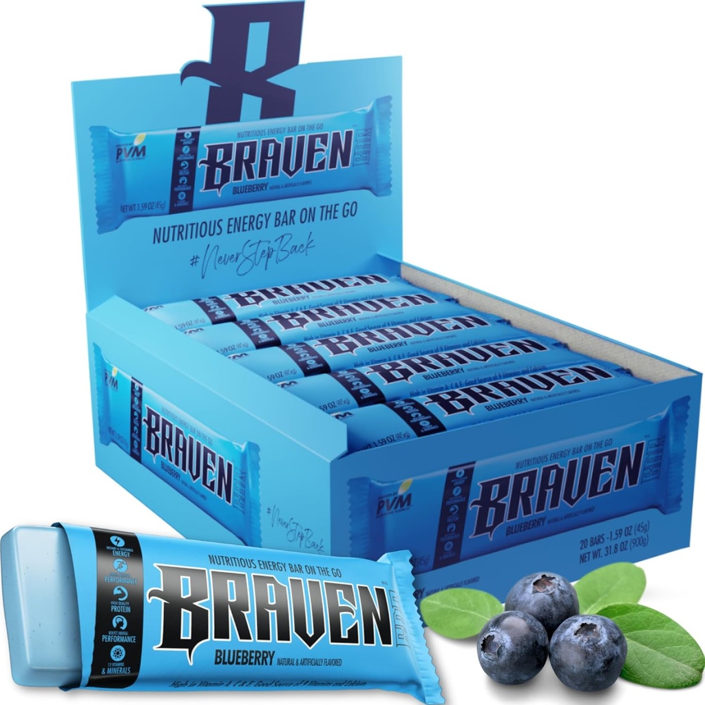 Braven Bar Blueberry Energy Bars (1,59 oz, Pack of 20) - Energy Chews med 5g Protein - On-the-Go Energy Snacks för körning, vandring och sport - Gluten Free Snacks för hållbar energiökning
