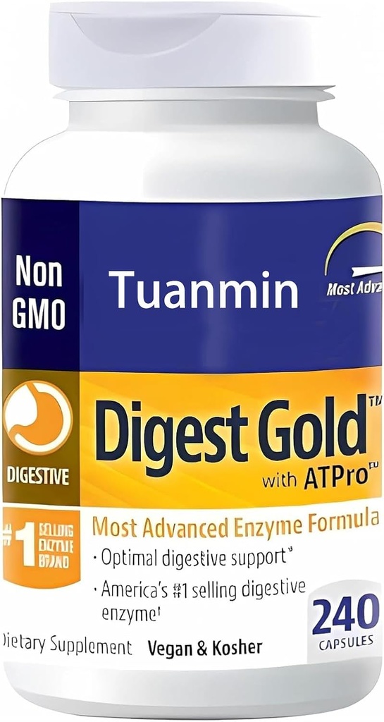 Digest Gold + ATPro Enzyme Supplement - Maximal styrka Formel för Digestive Health - Stöder Digestion av stora måltider, hjälper till att minska uppblåsthet & gas, 240 kapslar