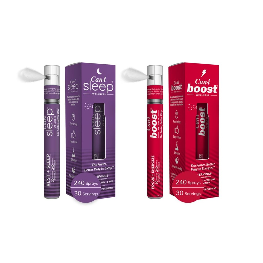 Can-i Wellness Nopeasti toimiva Oral Spray Bundle - Natural Sleep Supplement Melatonin ja GABA, Daily Energy Support B12, Ubiquinol ja kofeiini Vegaani Formula, Kannettava, Matkaystävällinen Spray