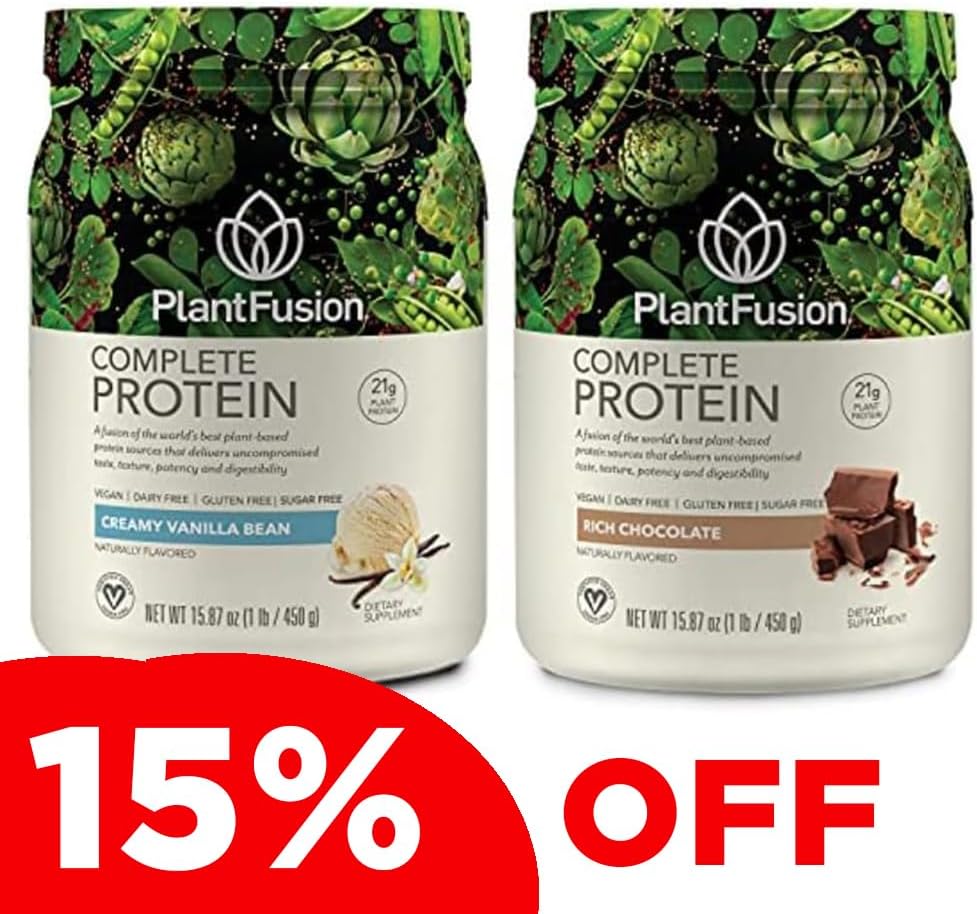PlantFusion Complete Plant Based Pea Protein Powder Bundle, Ei-GMO, Vegan, Dairy Free, Gluteeniton, Soy Free, Allergia Ilmainen W/Ravintolisät, Vanilla Bean ja suklaa 1 punta