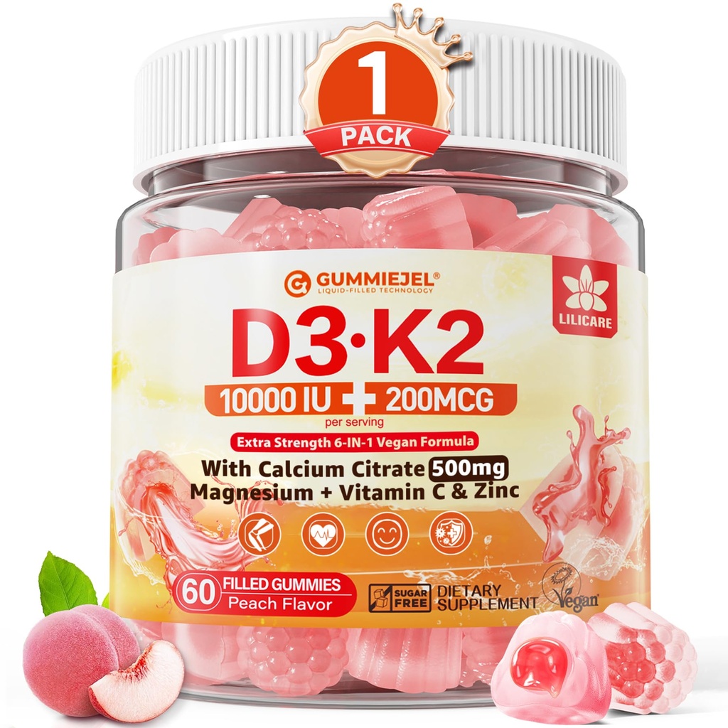 D3-vitamiinia K2 Gummies 5000IU / 10 000 IU, jossa 500 mg kalsiumia + K2(MK-7) 200 mikrog, magnesiumia, C-vitamiinia ja sinkkiä, ekstravahvuutta - lopullinen absorbentti luille, lihaksille, hampaille, vegaanille, 60 mikrog (pakkaus 1)