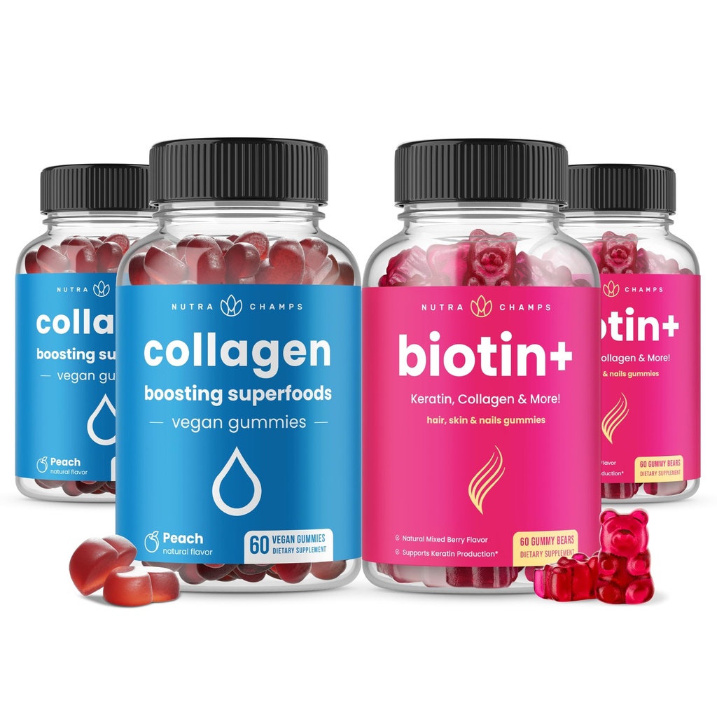 NutraChamps täydellinen hiukset, iho & kynnet Bundle. Biotiini, kollageeni, Keratin