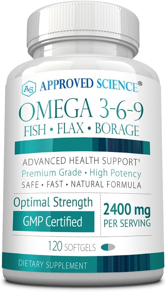 Hyväksytty Science Omega 3-6-9-2400mg Päivittäinen sekoitus kalaa, pellavansiemeniä ja tarhaöljyjä E-vitamiini - hyvinvointi tuki - ei-GMO, elohopeaa - 120 Softgels - 2 kuukauden tarjonta