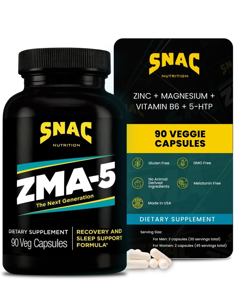 SNAC ZMA-5 Sleep Aid Supplement, Promote Muscle Recovery & Growth, Immune Support och Restorative Sleep med Zink, Magnesium & 5-HTP, Post Workout, Innan Bed ZMA Supplements 90 Veggie Capsules