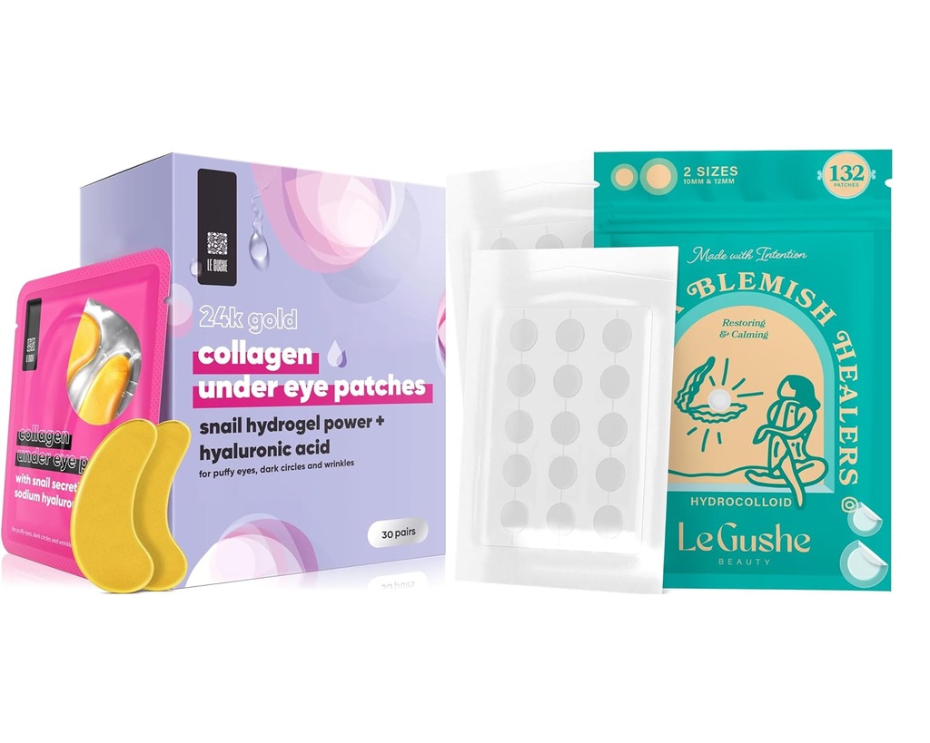 LE GUSHE Pimple Patches for Face (132 pistettä) & Under eye Patches (30 paria). Kultainen silmänaamio kollageenin ja Aminohapon kanssa, viilentävä silmien hoito ryppyjen, pörröisten silmien ja tummien ympyrät