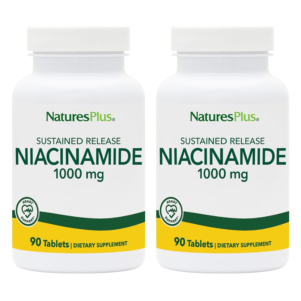 Natures Plus Niacinamide 1000 mg - 90 pitkävaikutteisen tabletin pakkaus 2 - Tukee Immuuni- ja ihoterveyttä, energiantuotantoa ja aivotoimintaa - Kasvisruokaa, Gluteeniton - 180 Tarjoilua yhteensä