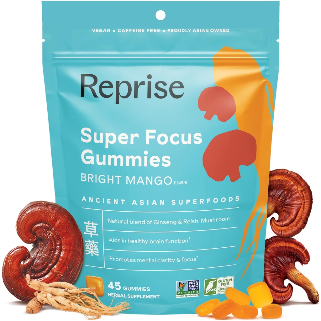 Fokus Gummies för vuxna | Amerikanska och koreanska Ginseng med Reishi Mushroom extrakt | Alla naturliga gummies för fokus, humör och energi | Mango smaksatt | 45 greve