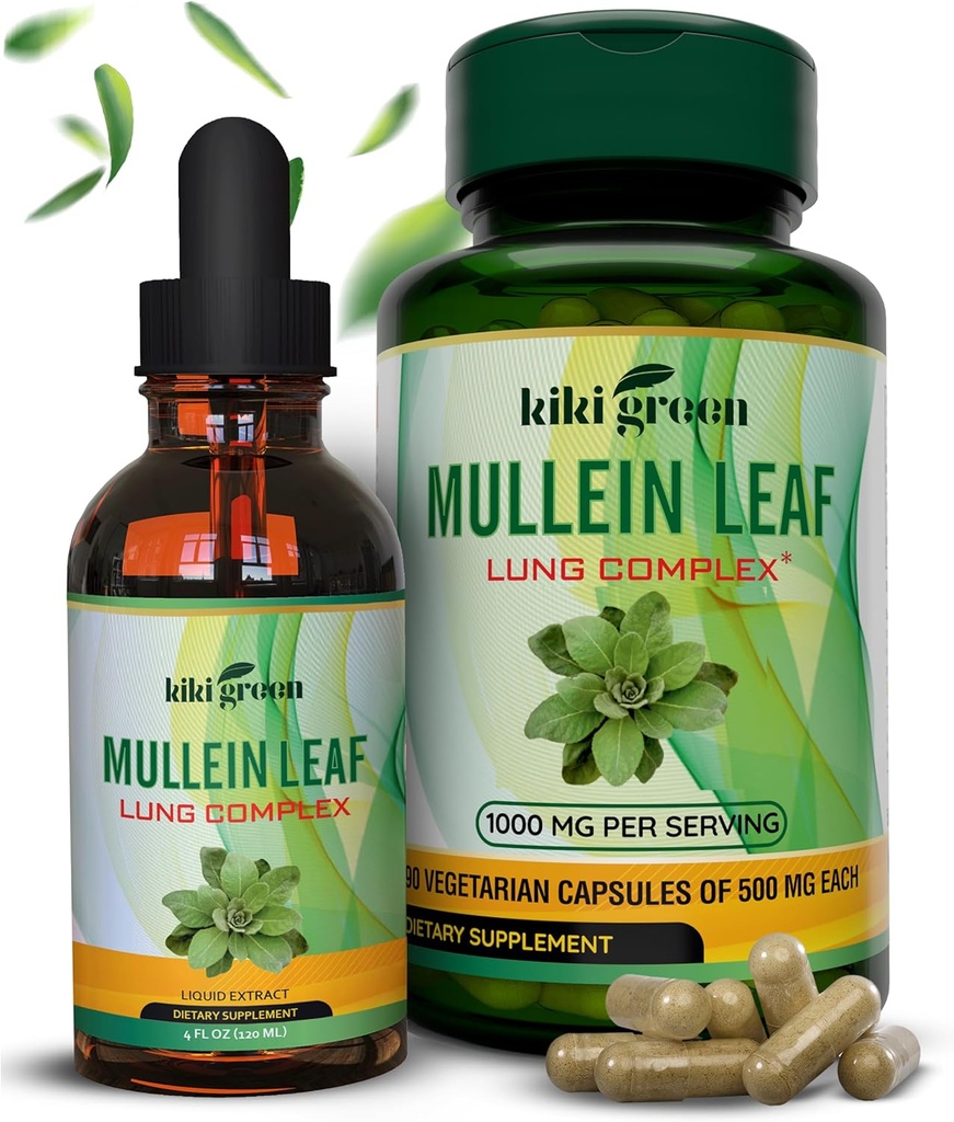 KIKI Green Mullein Capsules & Liquid Drops Bundle - Mullein Leaf Extract lisäravinteet, 90 kapselia + 2 fl oz - hengitysteiden ja immuniteetin tukemiseen, parempi keuhkojen toiminta, keuhkojen puhdistus ja helpotus