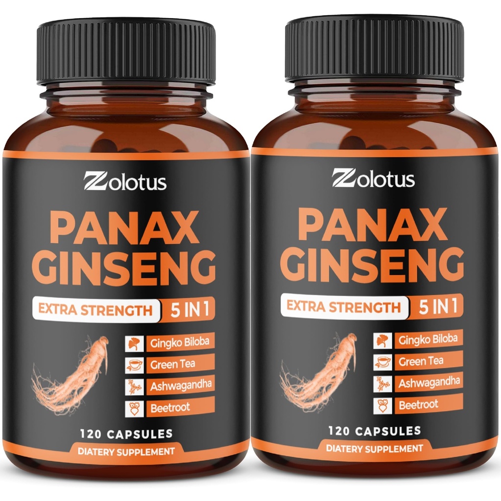 Zolotus Korean Red Panax Ginseng + Ginkgo Biloba, Ashwagandha, Beetroot, Green Tea - 120 kapslar (Pack av 2)