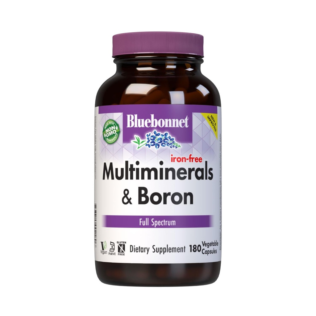 Bluebonnet Multi Minerals Supplement Plus Boron kelated Magnesium Kalium Kupari Selenium Mangaani Kromi & Sinkki Complex naisille ja miehille - Ei rautaa, ei GMO:ita, gluteeniton - 180 kasvikapselia