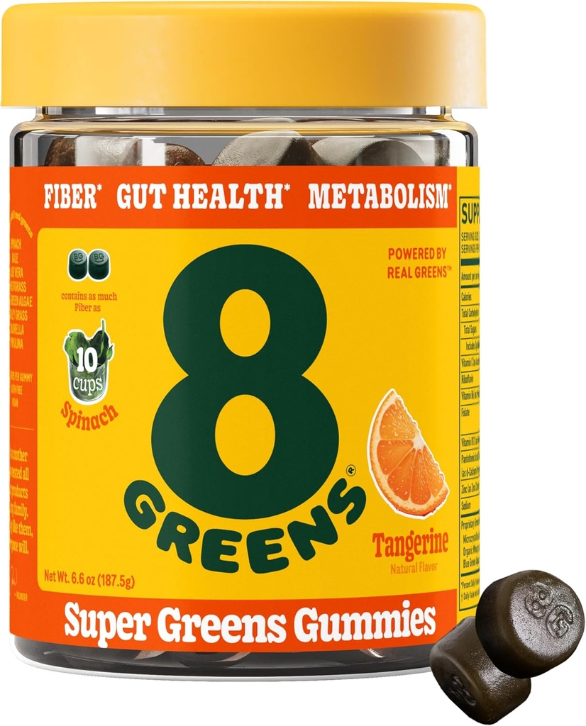 8Greens kuitu Super Greens Gummy Kuitu, Gut Health, Aineenvaihdunta. Dgestiivinen terveys, Boost Immuniteetti & Ruoansulatuselimistö 8 Real Greens - ei-GMO Formula, Gummy, Tangerine maku, 50 Count