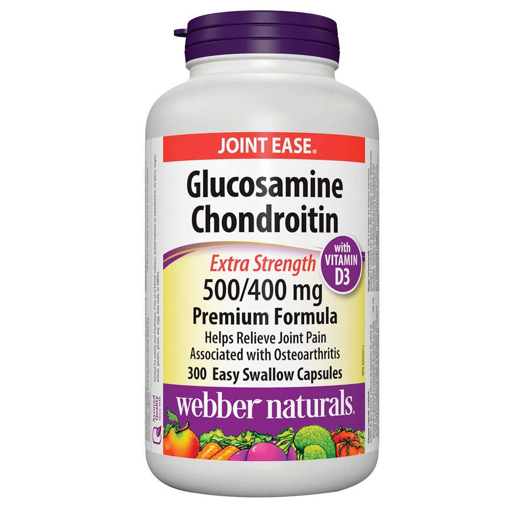 Webber Naturals Glukosamiini D3-vitamiinia, lisävahvuutta, 500/400 mg, Premium Formula 300 Helppo niellä kapselit