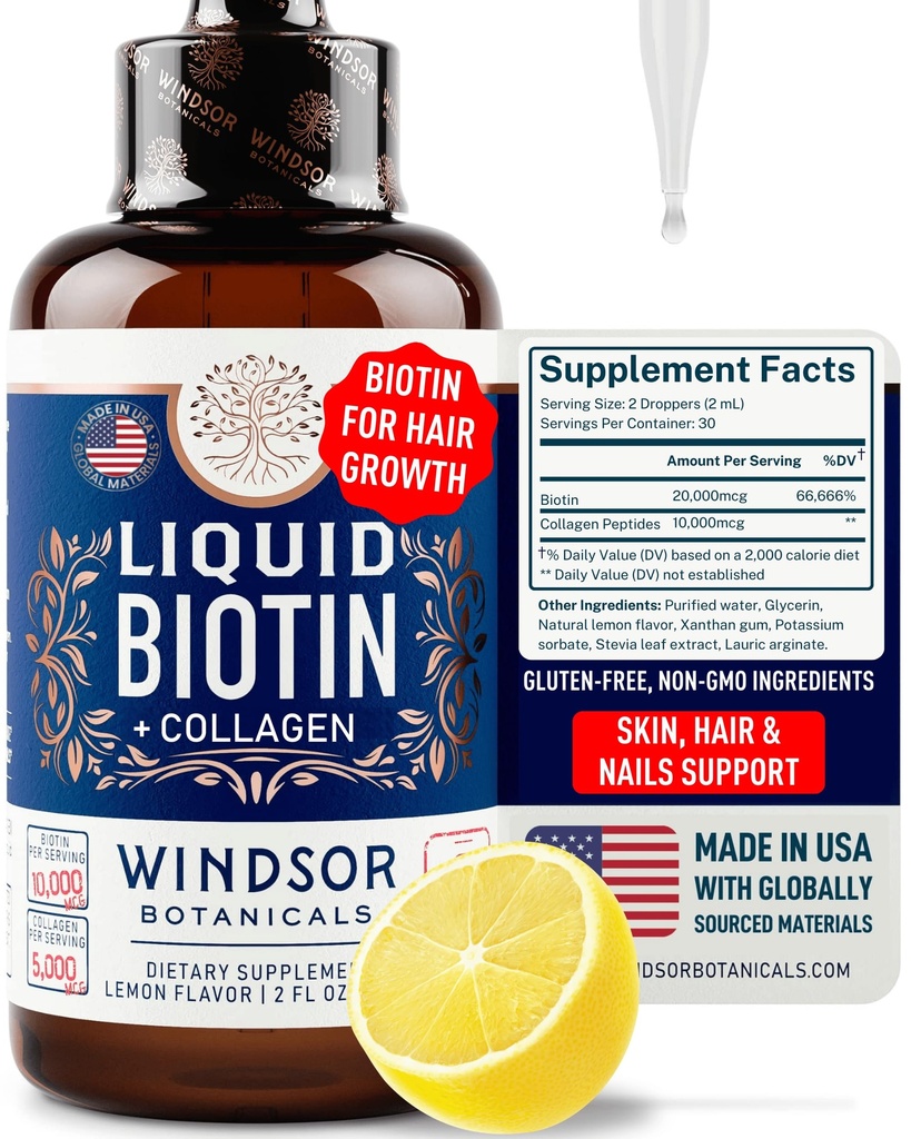 Liquid Biotin för hårväxtkollagen - Biotin Liquid 10.000mcg Collagen 5,000mcg Extra Strength Liquid - Liquid Collagen och Biotin Drops för hårväxt - Biotin och Collagen Drops för kvinnor - 2oz
