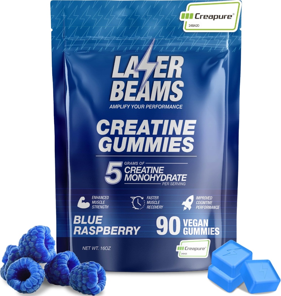 Kreatiini Monohydraatti Gummies naisille & Men- 5g Creapure Creatiini per tarjoilu - Vegaani, sininen vadelma maku - Boost lihasvoimaa, kestävyyttä, Recovery & Mental Focus (90 Gummies)