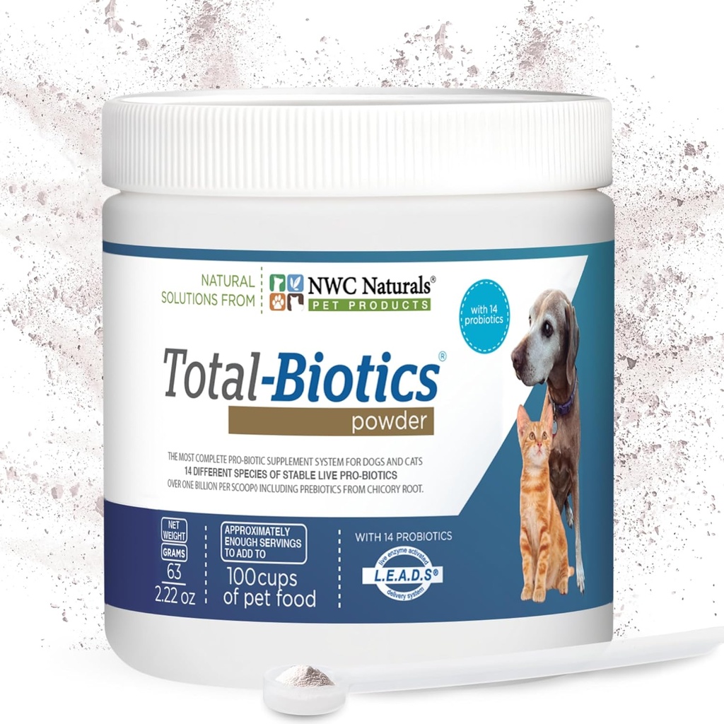 NWC Naturals Total-biotics, Cat & Dog Probiootit Ruoansulatuskanavan prebiootti, makuamaton Probiootti koirille ja kissoille, täydentää Gut, iho, turkki, vatsan helpotus, 100 tarjoilua, 2.22 Ounces