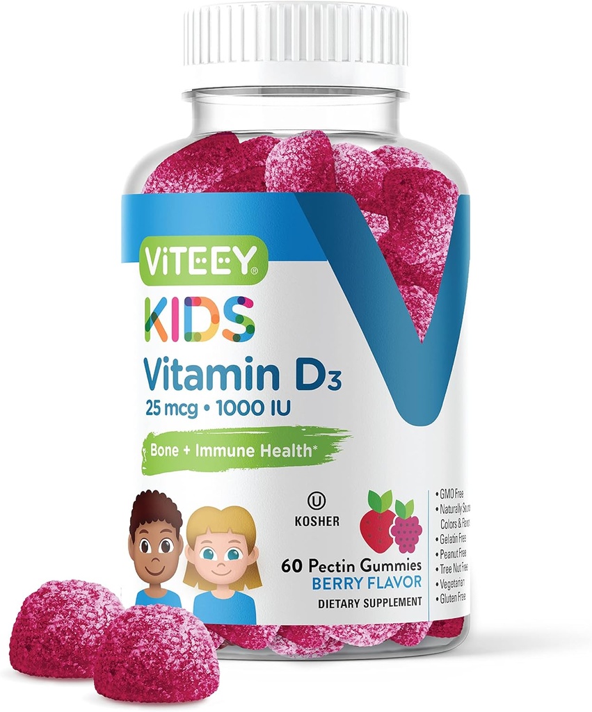 Viteey-vitamiini D3 Lapset Gummies 25mcg 1000 IU - Bone Health, Immuno terveys, nivelten lihasten tuki - kasvissyöjä, Liivate, Gluteeniton, GMO vapaa - Tasty Chewable Berry Flavored