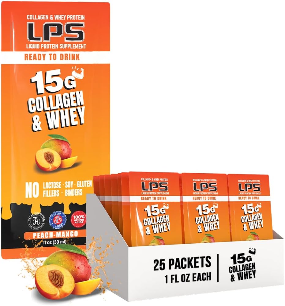 LPS Liquid Collagen & Whey Protein Supplement - ei-GMO Drink, sokeriton - edistää tervettä ihoa ja hiuksia miehille ja naisille, persikka mango, yksi tarjoilu (25 Packets)