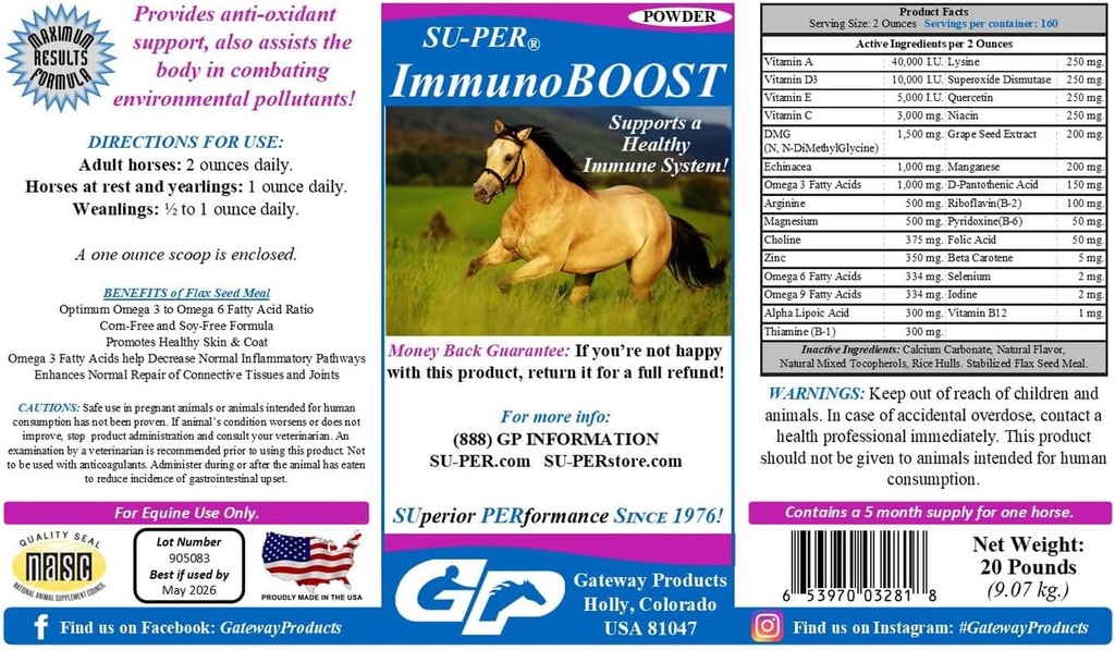 SU-PER ImmunoBOOST Hevonen anti-oksidantti täydentää - Tukee Immunomy System & Nutritional puutteet - Vitamiinit E & C, Rypäleen siemenuute, yrttiuute - 20 punta, 5 kuukauden tarjonta