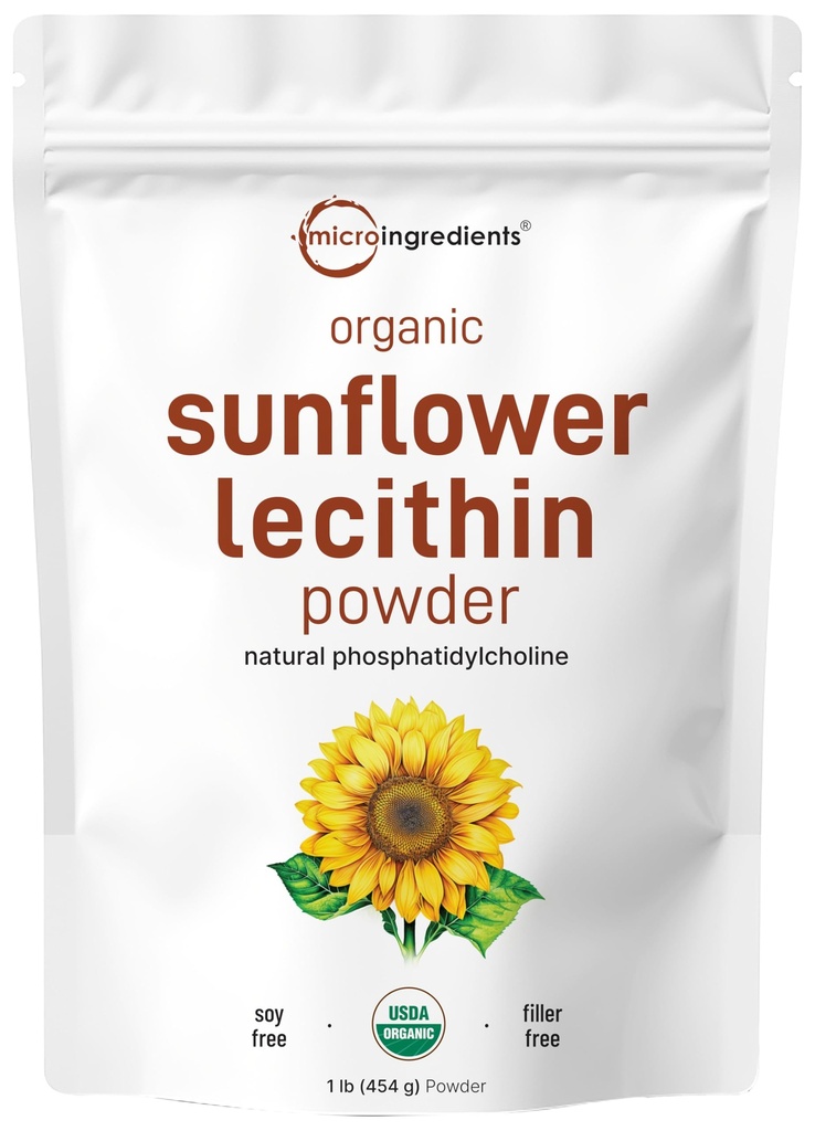 Micro Ingredients Organic Sunflower Lecithin Powder, 1 Pound, Sustainable Farmed, Cold Pressed, Rich in Phosphatidyl Choline och Protein, Gör Liposomal Vitamin C, Laktationstillägg, Icke-GMO