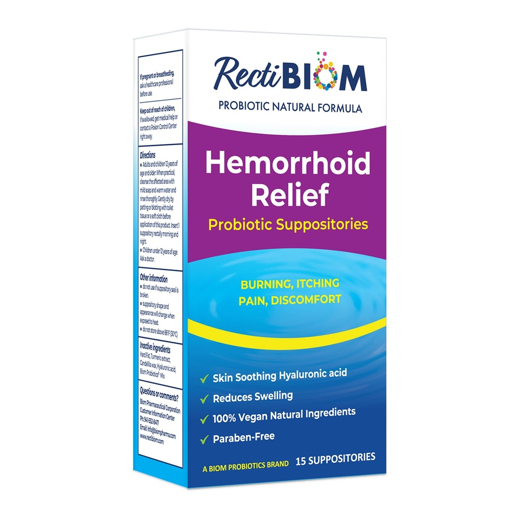 RectiBiom Probiootti Hemorrhoid Relief Suppositories ihon rauhoittavia luonnollisia ainesosia, nopea helpotus. Hyaluronihappo- ja kurkumauute, vegaaninen, gluteeniton koostumus