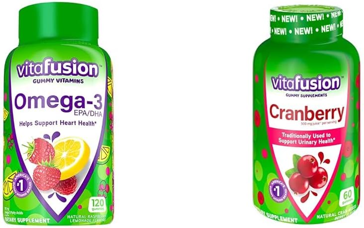 Vitafusion Omega-3 Heart Health Gummy Vitamiinit karpalo Gummies naisille, 120 Count Omega 3 EPA / DHA Berry Lemonade ja 60 Count 500 mg karpalomehutiiviste per tarjoilu