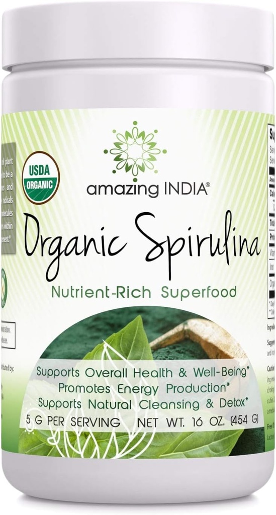 Hämmästyttävä Intia Organic Spirulina Powder (Non-GMO) 16 oz (454 gm) - Tukee solujen uudistumista, immuuniterveyttä, detoksifikaatiota ja yleistä terveyttä