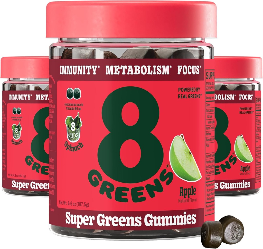 8Greens Supergreens Gummies | Super Greens Powder Superfood Gummy för Metabolism, Immunity & Focus, Digestive Health Enzymes, Organic: Chlorella, Spirulina, Aloe Vera, Apple Flavor, 150 Count