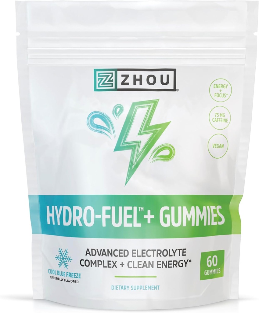 Zhou Nutrition Hydro-Fuel+ Gummies - Electrolyte Gummies for Hydration, Advanced Chews med Electrolytes Complex och 75 mg Koffein för ren energi, Hydrating Supplement - 60 Vegan Chews