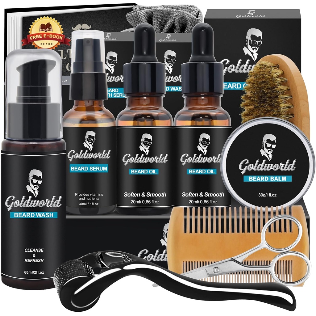 Parta Kit,Parta Harjaus Kit w/Partapesu/Shampoo,2 pakkausta Partaöljyä, Parta Balmia,Partapesua, harjaa,Kombia,Saksi, Säkki,E-kirja, Parranhoitopakkaus