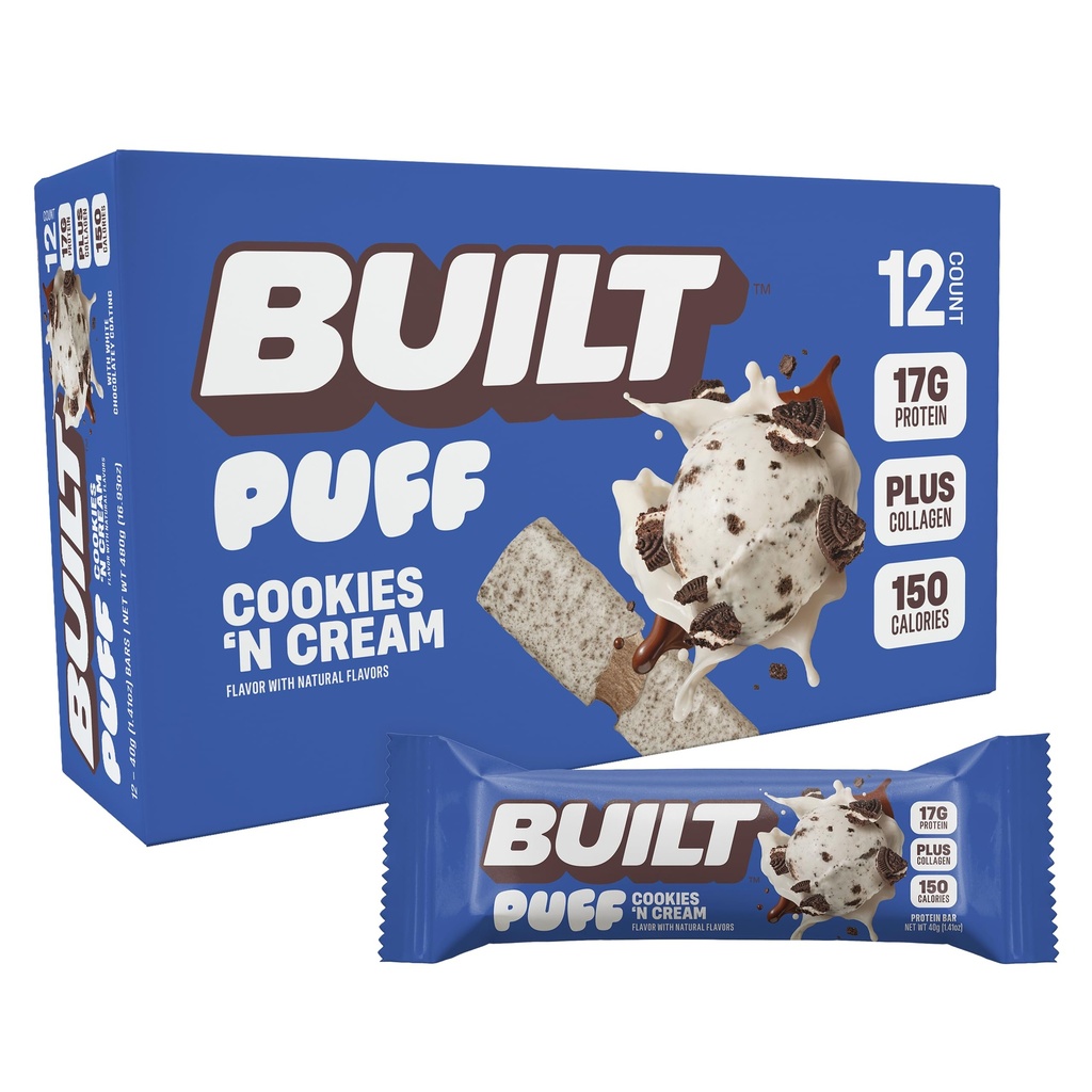 Built Bar, Puff Protein Bars, Evästeet 'N Cream Puff, 17g Protein Snacks, On-The-Go Bars, Vain 140 kaloria, 7g sokeria, kollageeni, ei gluteeniton, 12 kreivi
