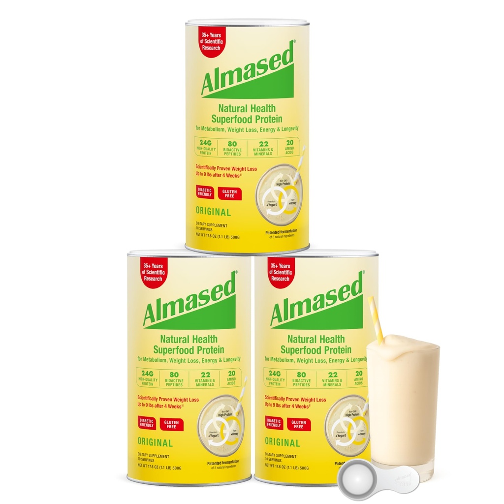 Almased Proteinpulver för viktminskning Kit för män och kvinnor, Natural Meal Replacement Shake for Weight Loss, Supplement, 27 Grams of Protein Per Servering (Original Flavor, 3 Cans @ 17.6 oz ea + Scoop)