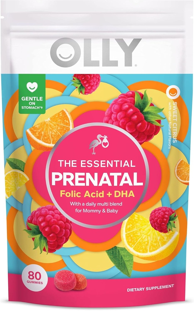 OLLY Prenataalinen monivitamiinia Gummy, tukee tervettä kasvua ja aivojen kehitystä, Foolihappoa, D-vitamiinia, Omega 3 DHA, pureskeltava täydentää, Citrus Berry Flavor, 40 päivän tarjonta - 80 Count Pouch