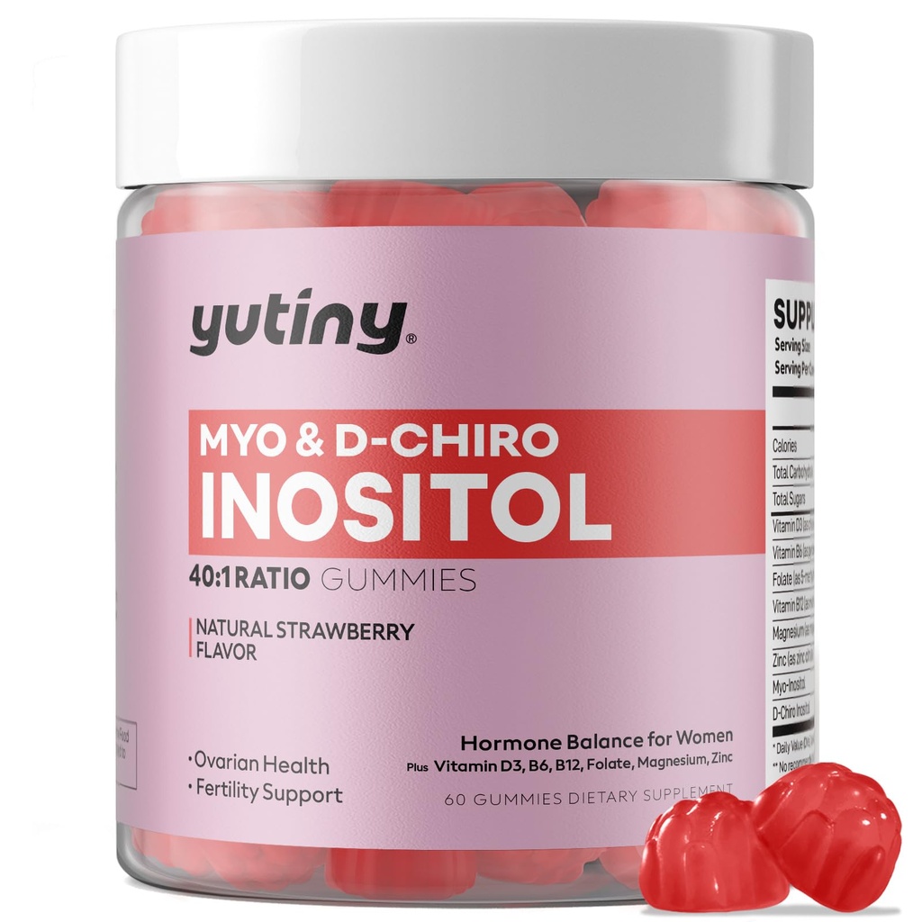 Myo-Inositol & D-Chiro Inositol Gummies, B6-vitamiini B12 & Folaatti naisille, Vegaani, sokeriton, mansikkamaku, 60