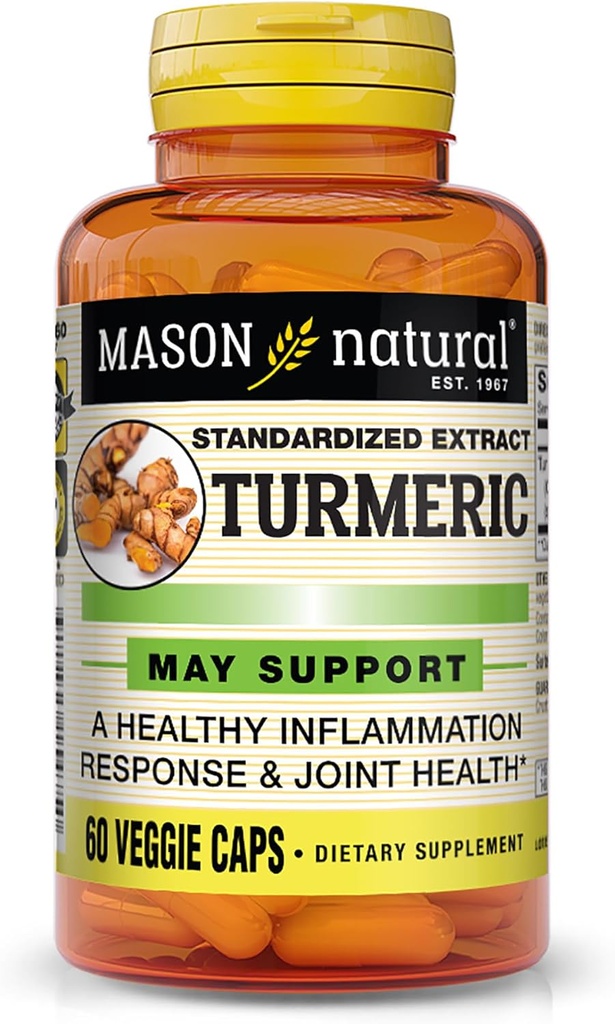 Mason Natural Turmeric 500 mg, jossa 95% Curcuminoids, Supplement of Overall Wellness & Joint Support, 60 Kasvikset kasviksia kapselit