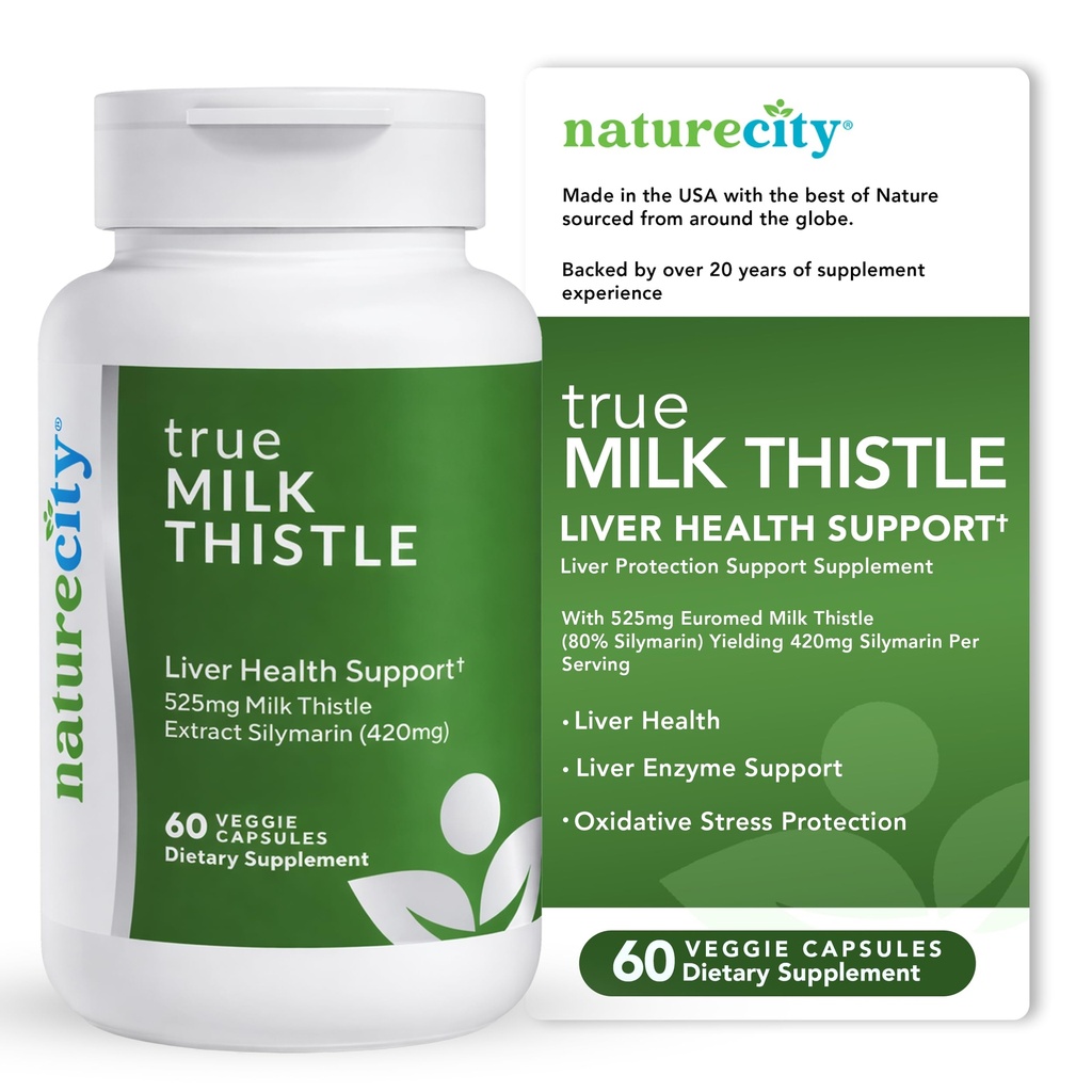 NatureCity TrueMilkThistle | Milk Thistle Supplement 525mg | Milk Thistle (80% silymarin) som innehåller 420mg Silymarin | Antioxidant Support | Liver Support Supplement | 60 Veggie Capsules