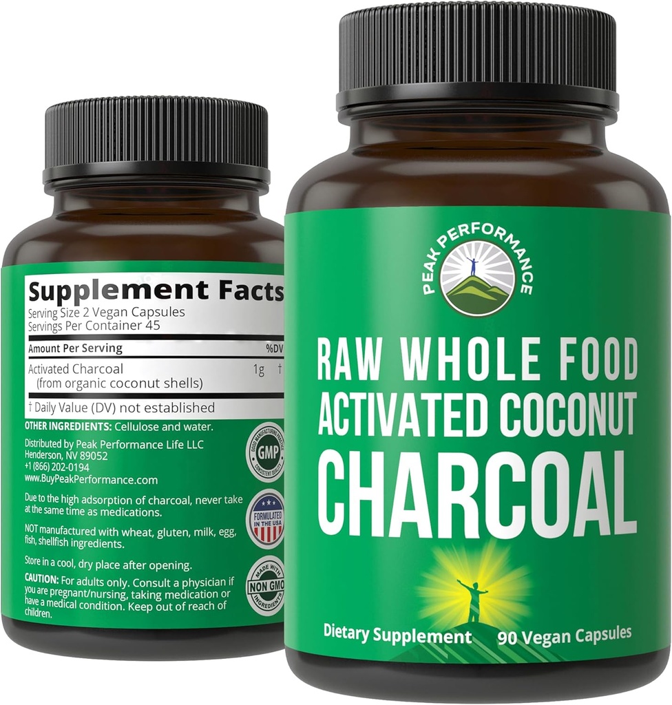 Peak Performance Aktiverade Charcoal Vegan kapslar från Wild Harvested Coconut Shells. Bästa säkra kol piller tillskott för Detox, gas lättnad, uppblåsthet för män och kvinnor 90 alla naturliga tabletter