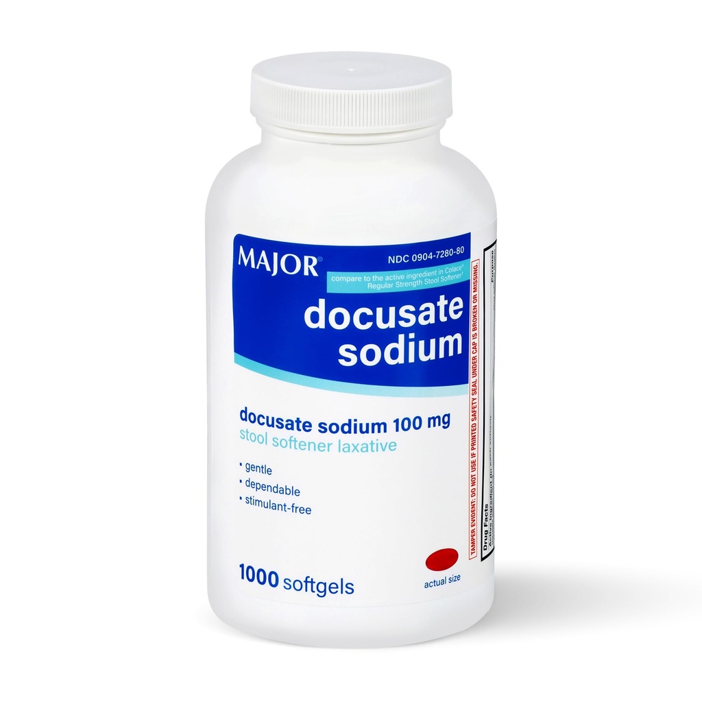 MAJOR Docusate Sodium 100mg, Stool Softener Laxative för Occasional Constipation Relief - Gentle, Beroende, Stimulant-Free, 1000 Softgels